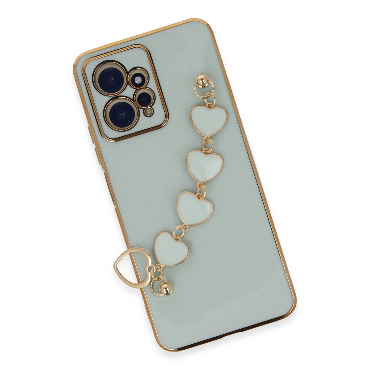 Altın kenarlı, kalp charm bileklikli açık nane yeşili telefon.