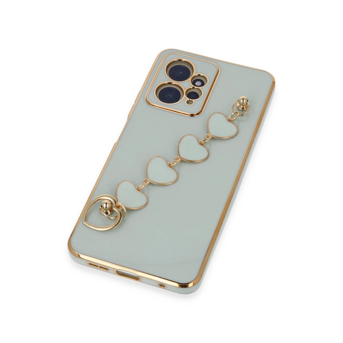 Altın kenarlı ve kalp şeklinde charm kolyeli açık yeşil telefon.
