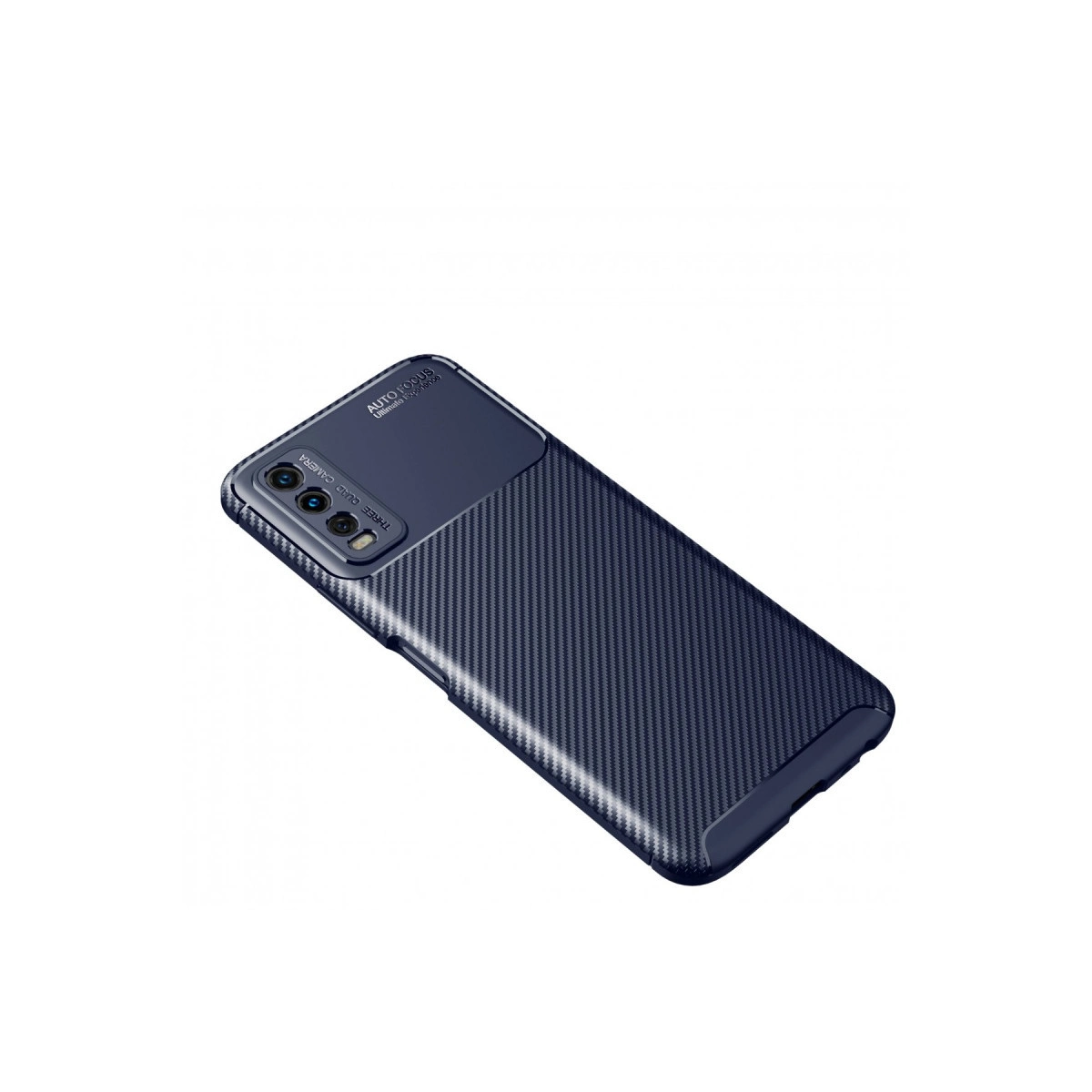 Karbon fiber desenli, kamera oyuklu lacivert telefon kılıfı.