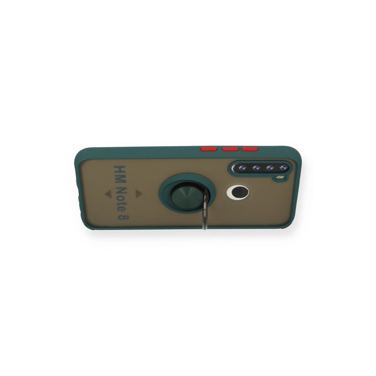 Yeşil çerçeveli kahverengi telefon kılıfı, halka tutucu ve lensler.