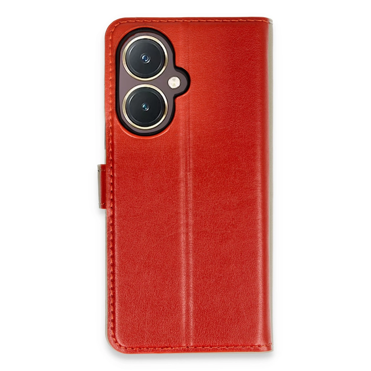 Görünür kamera modülüne ve tokaya sahip kırmızı deri telefon kılıfı.