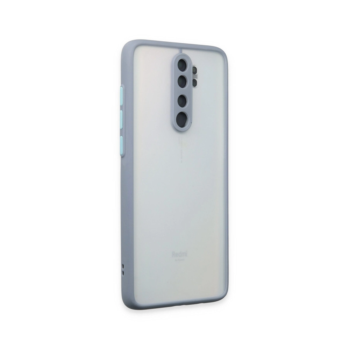 Dörtlü kamera kesimli gri telefon kılıfı ve Redmi logosu.