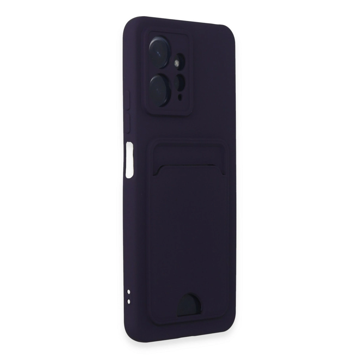 Koyu mor telefon kılıfı, kart yuvası ve kamera modülü ile.