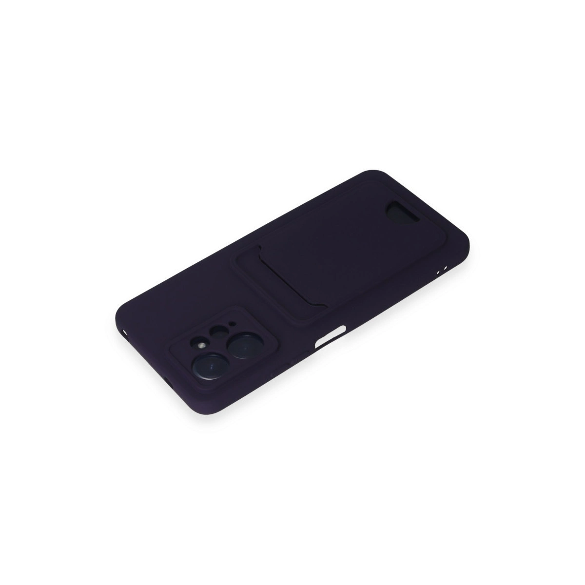 Kart yuvalı ve kamera kesimli koyu mor telefon kılıfı.