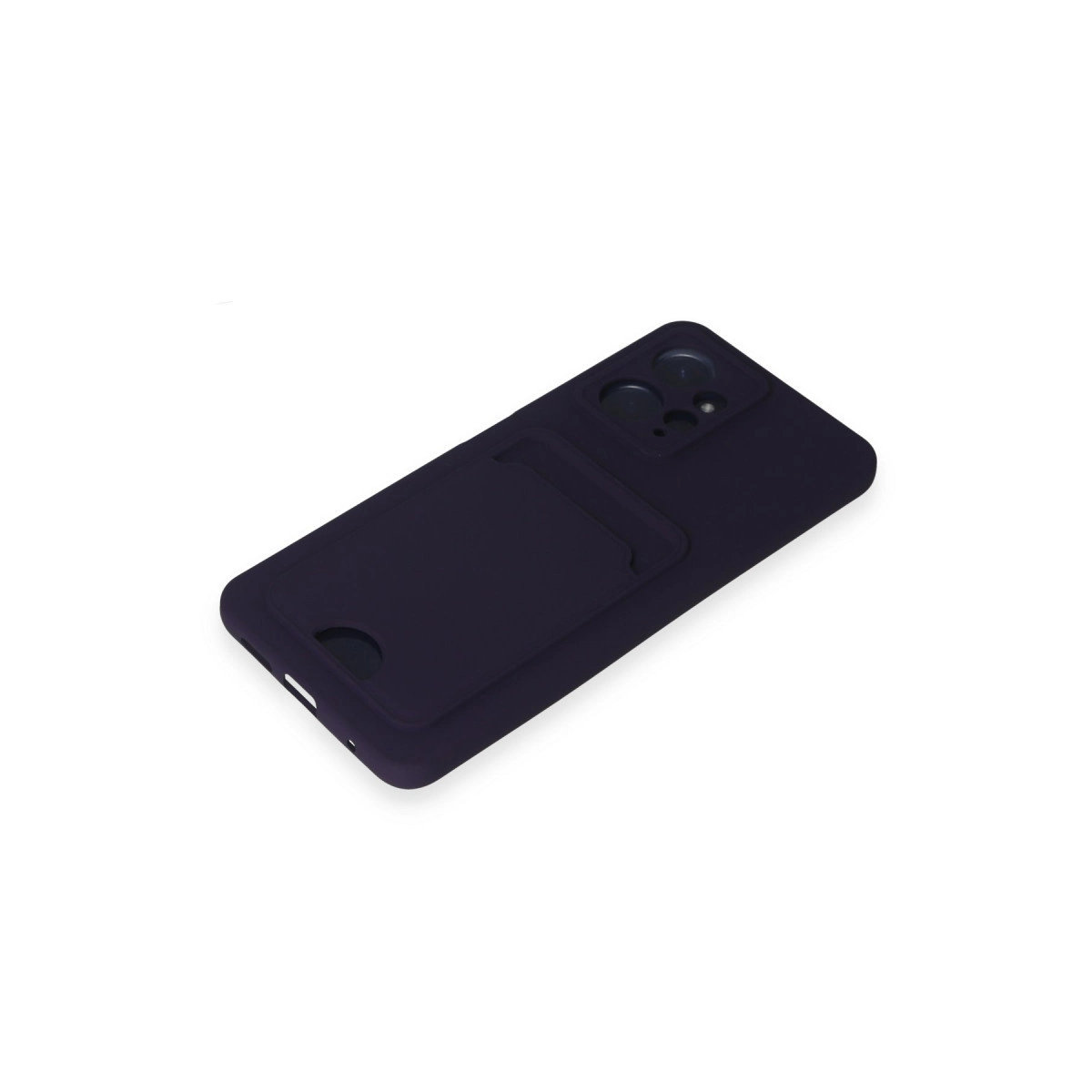 Koyu mor renkli telefon kılıfı, kart yuvası ve kamera kesiği.