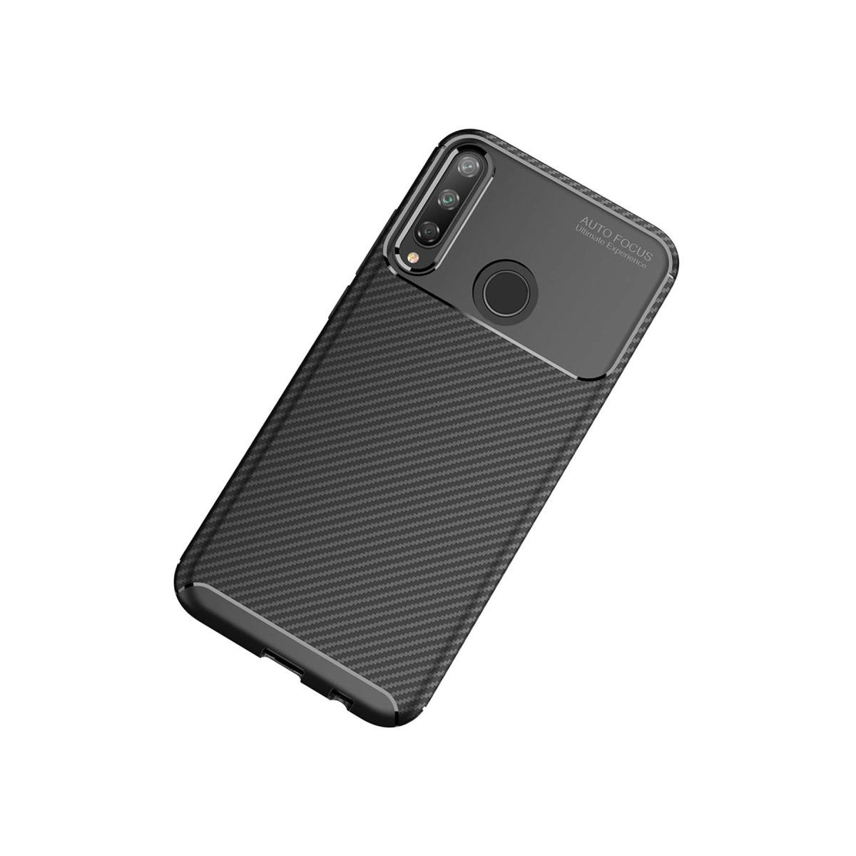 Karbon fiber desenli siyah telefon kılıfı, kamera ve parmak izi sensörlü.
