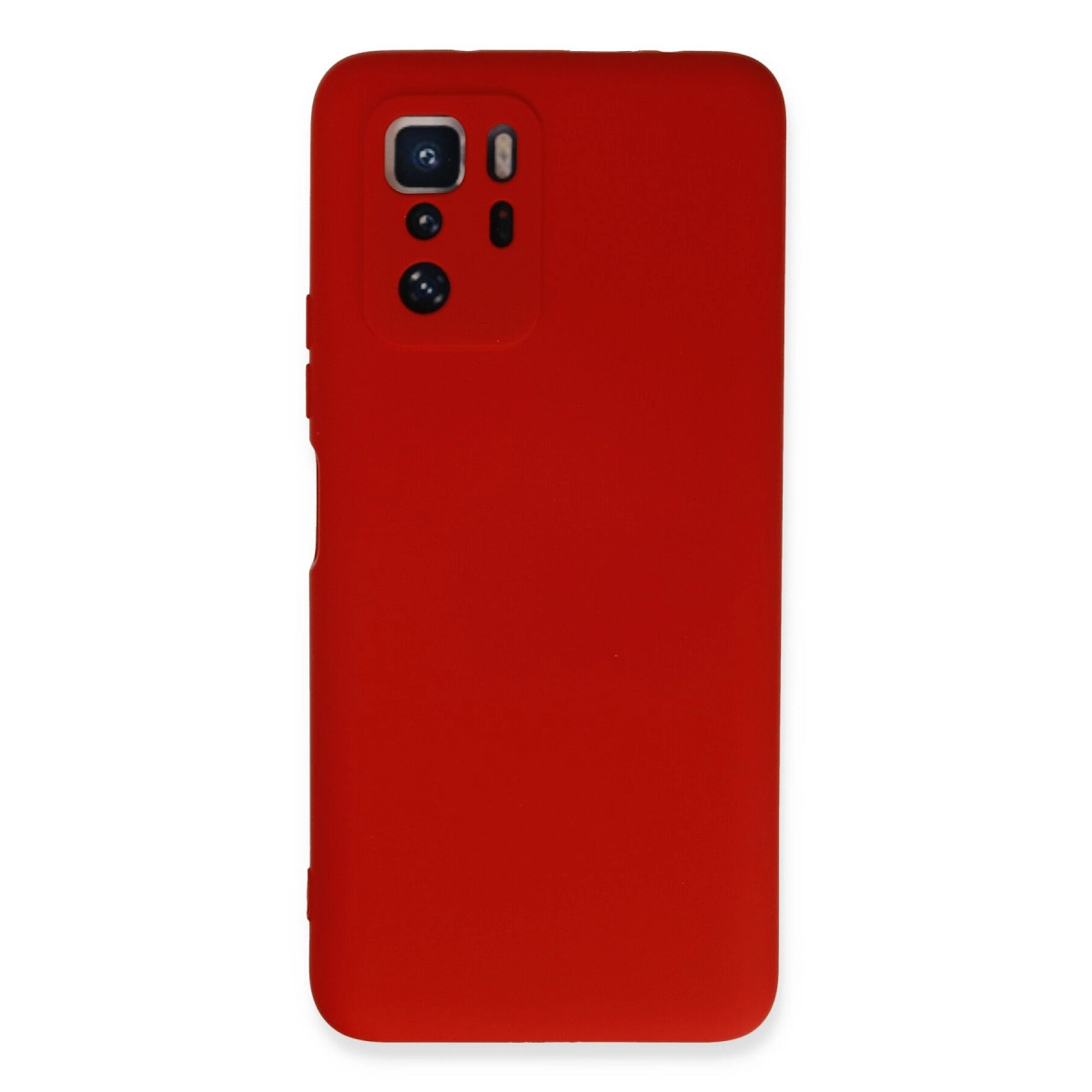 Arkada kamera modülü bulunan kırmızı telefon kılıfı.