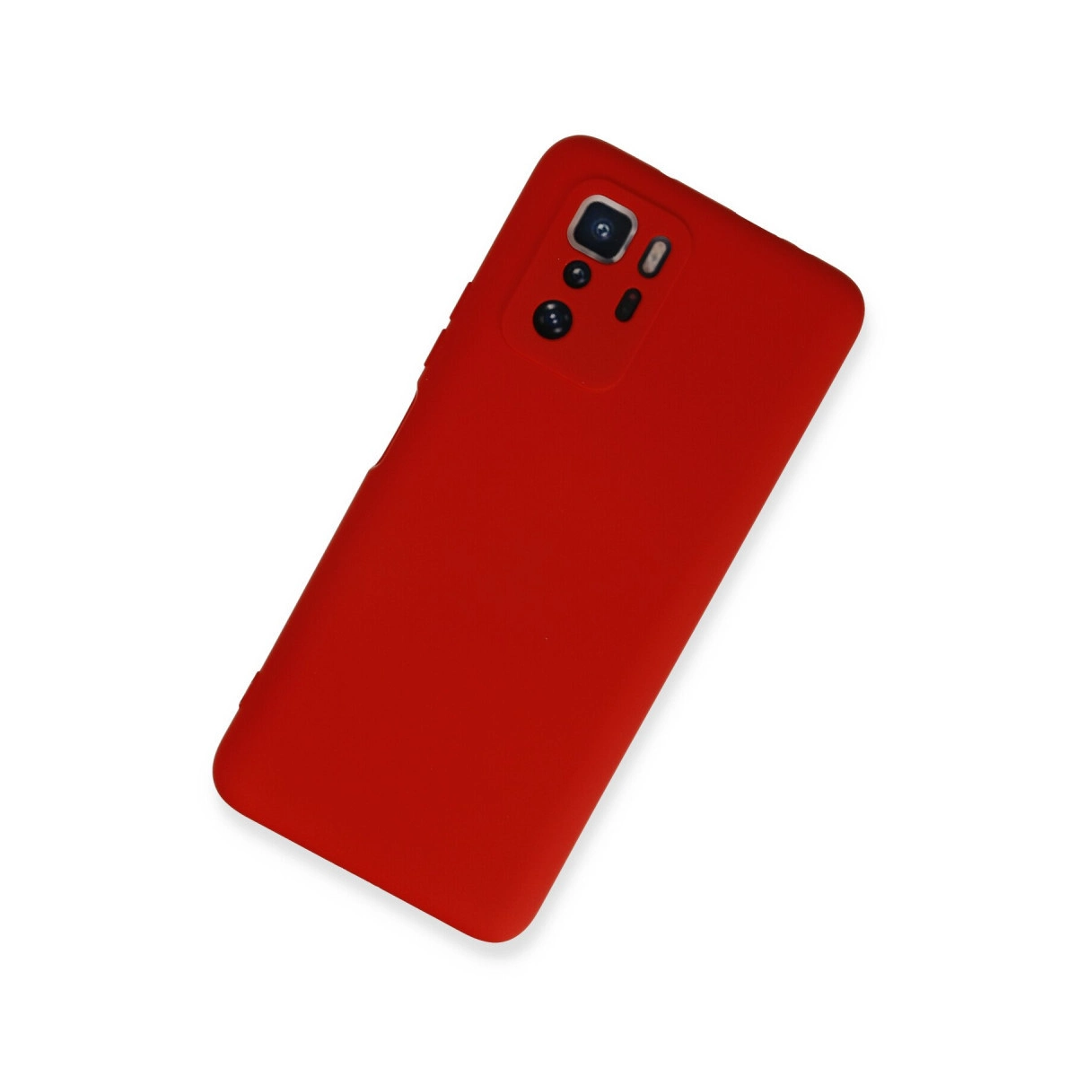Beyaz arka plan üzerinde kamera modüllü kırmızı telefon kılıfı.