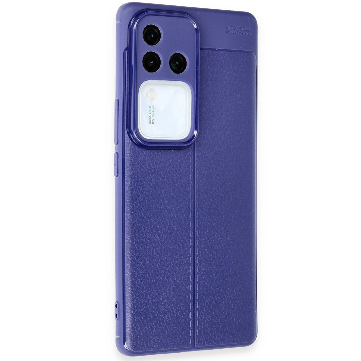 Kamera kesimli ve dokulu mor telefon kılıfı.