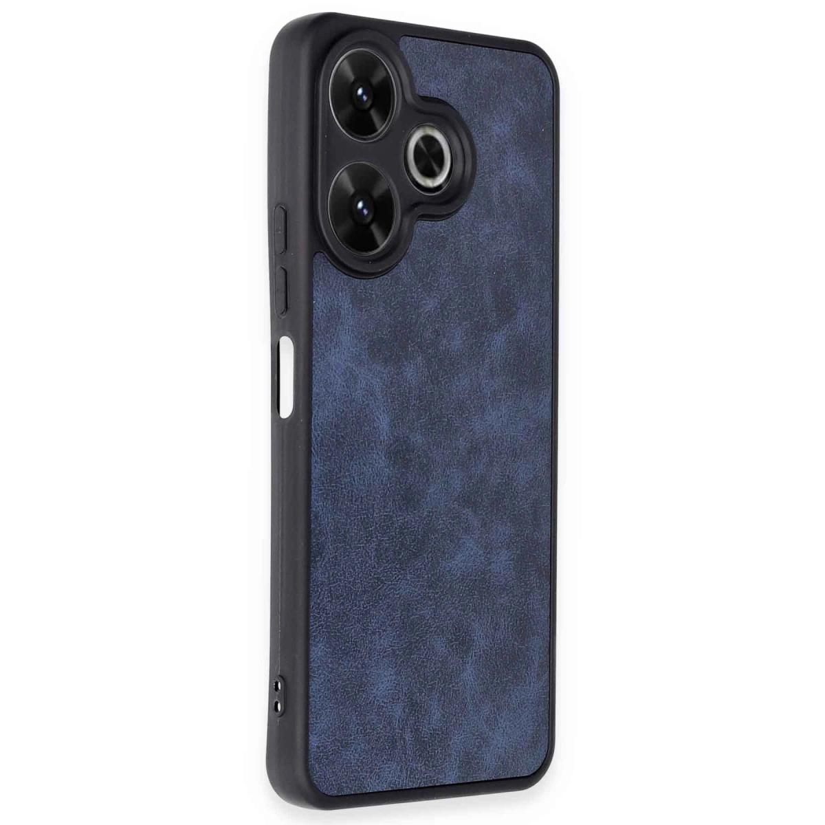 Ortasında daire bulunan, üç kamera lensli lacivert telefon kılıfı.