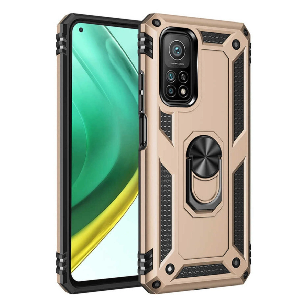 Halka tutuculu ve kamera modüllü altın rengi telefon kılıfı.