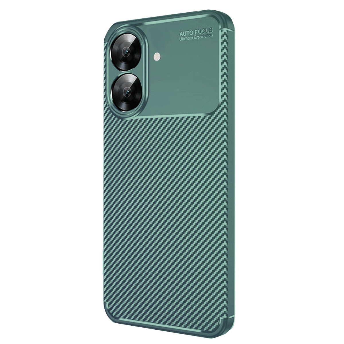 Karbon fiber desenli, iki lensli yeşil telefon kılıfı.