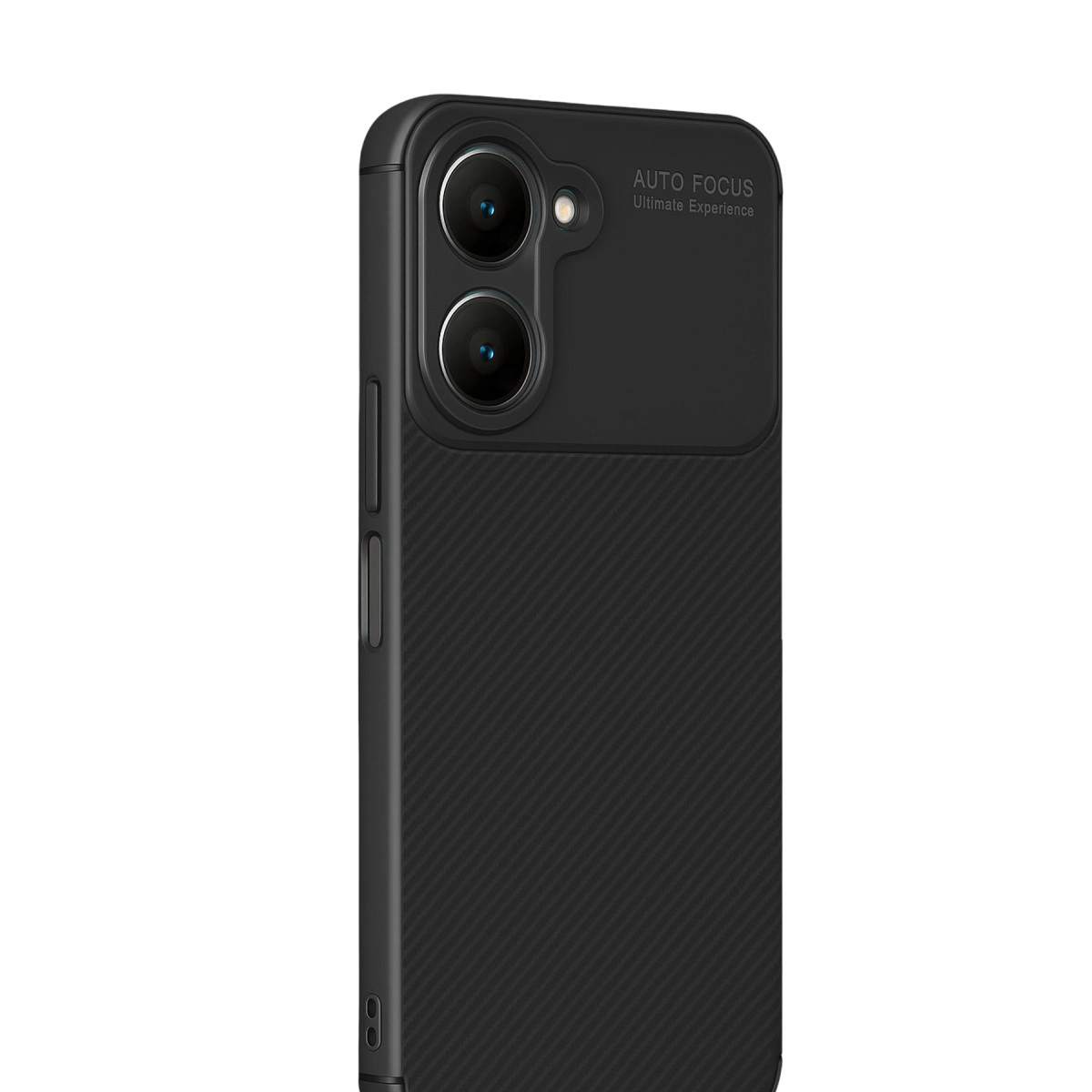 Karbon fiber dokulu, çift kameralı kesimli siyah telefon kılıfı.