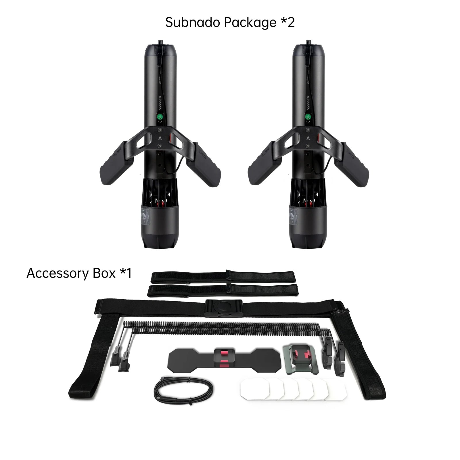 Zwei schwarze Unterwasser-Scooter mit Stativbeinen und Zubehör.