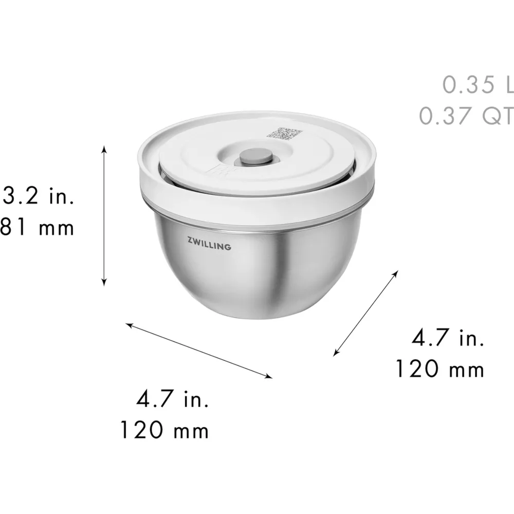 Una centrifuga per insalata ZWILLING argentata con coperchio bianco e misure.