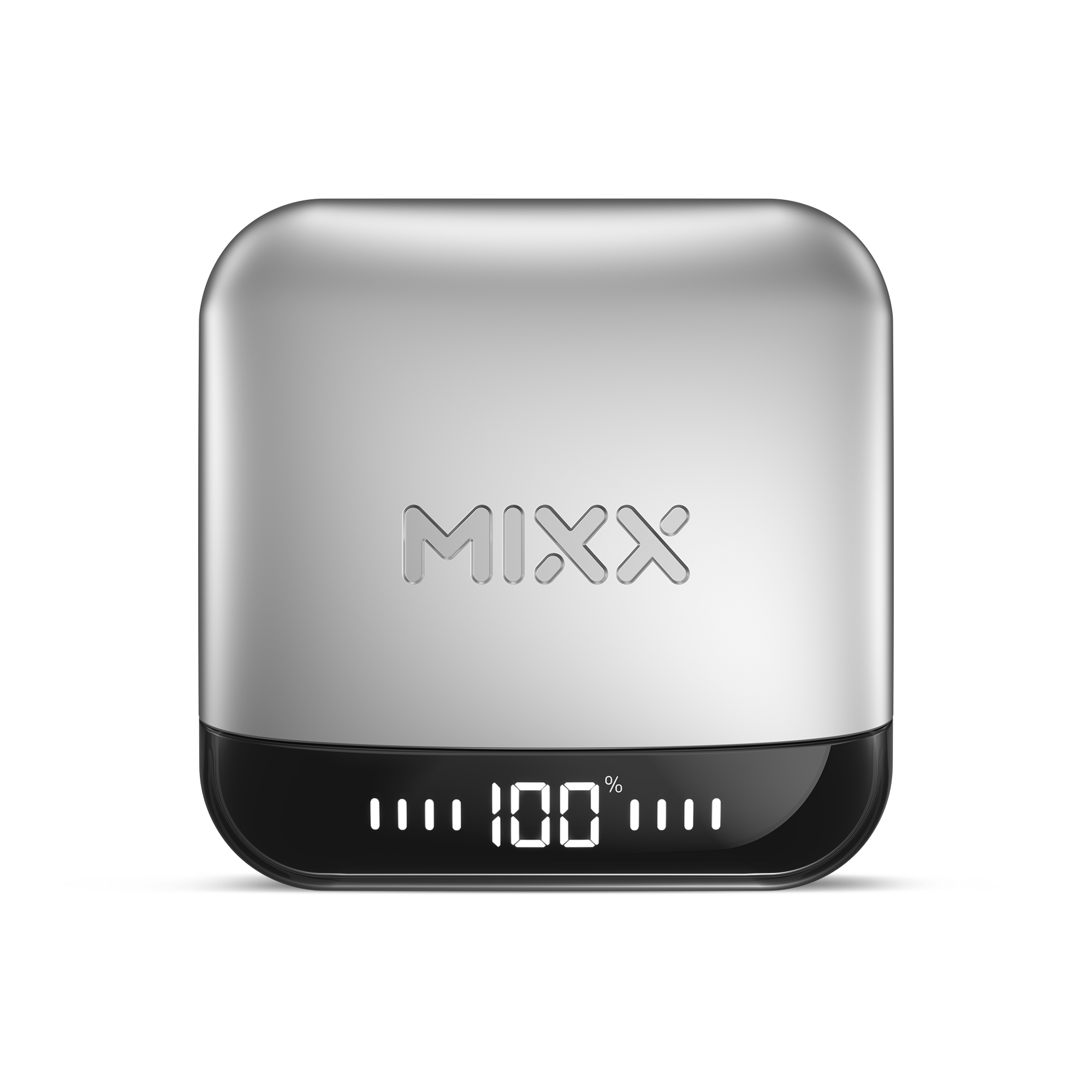 Silbernes MIXX-Ladegerät mit schwarzem Display, das 100% anzeigt.