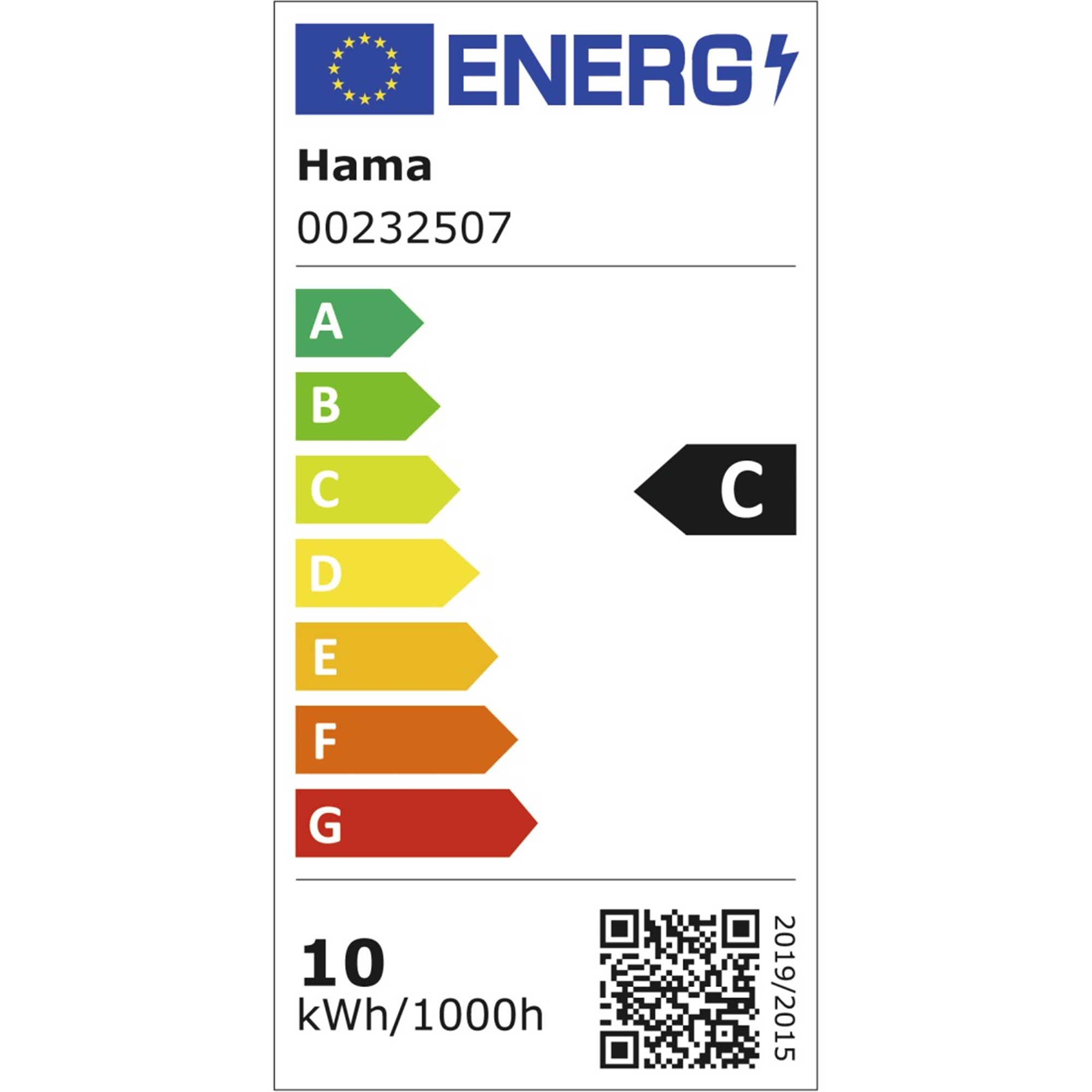 Energielabel für Hama, Klasse C, 10 kWh/1000h, mit QR-Code.