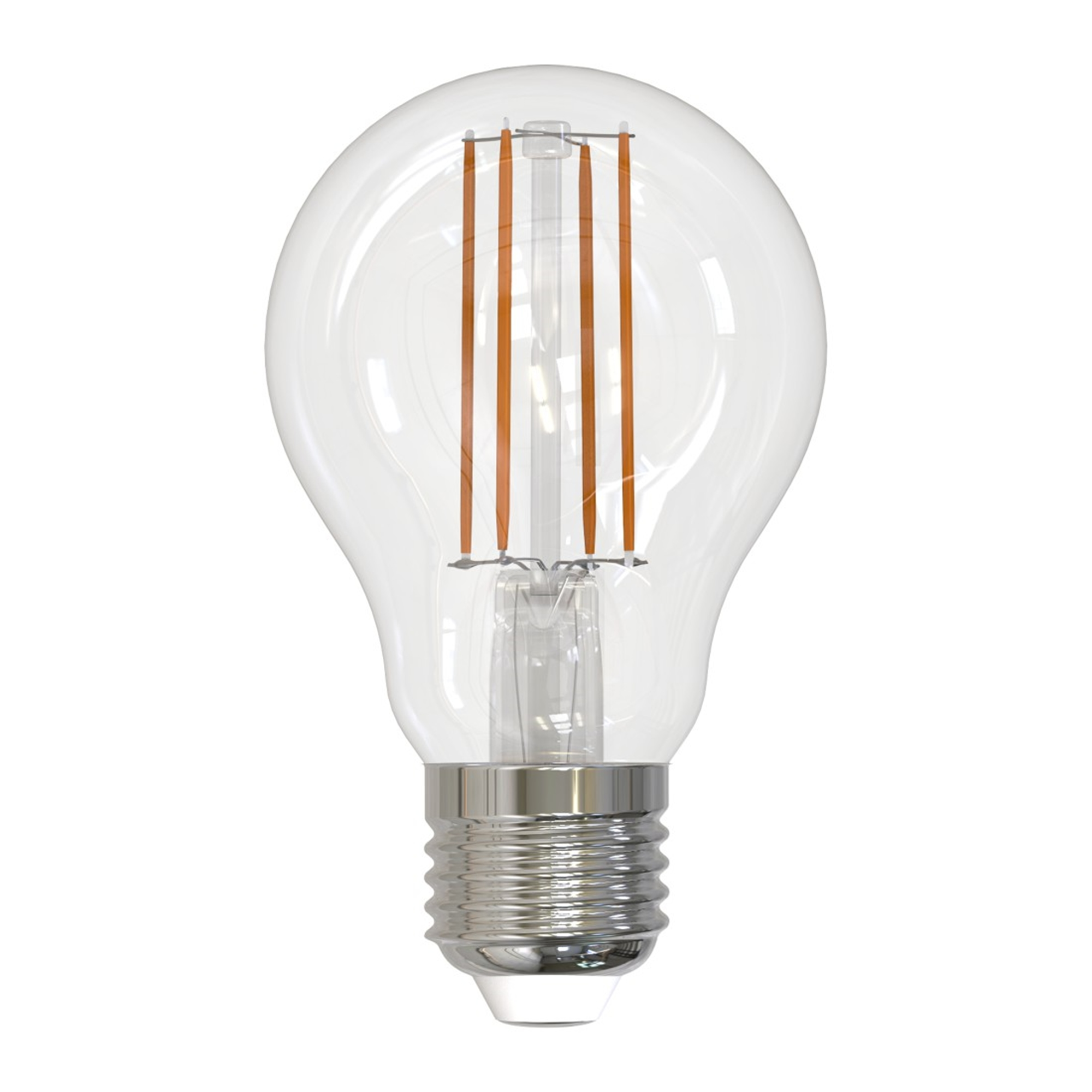 Una lampadina trasparente con base argentata e quattro filamenti arancioni.
