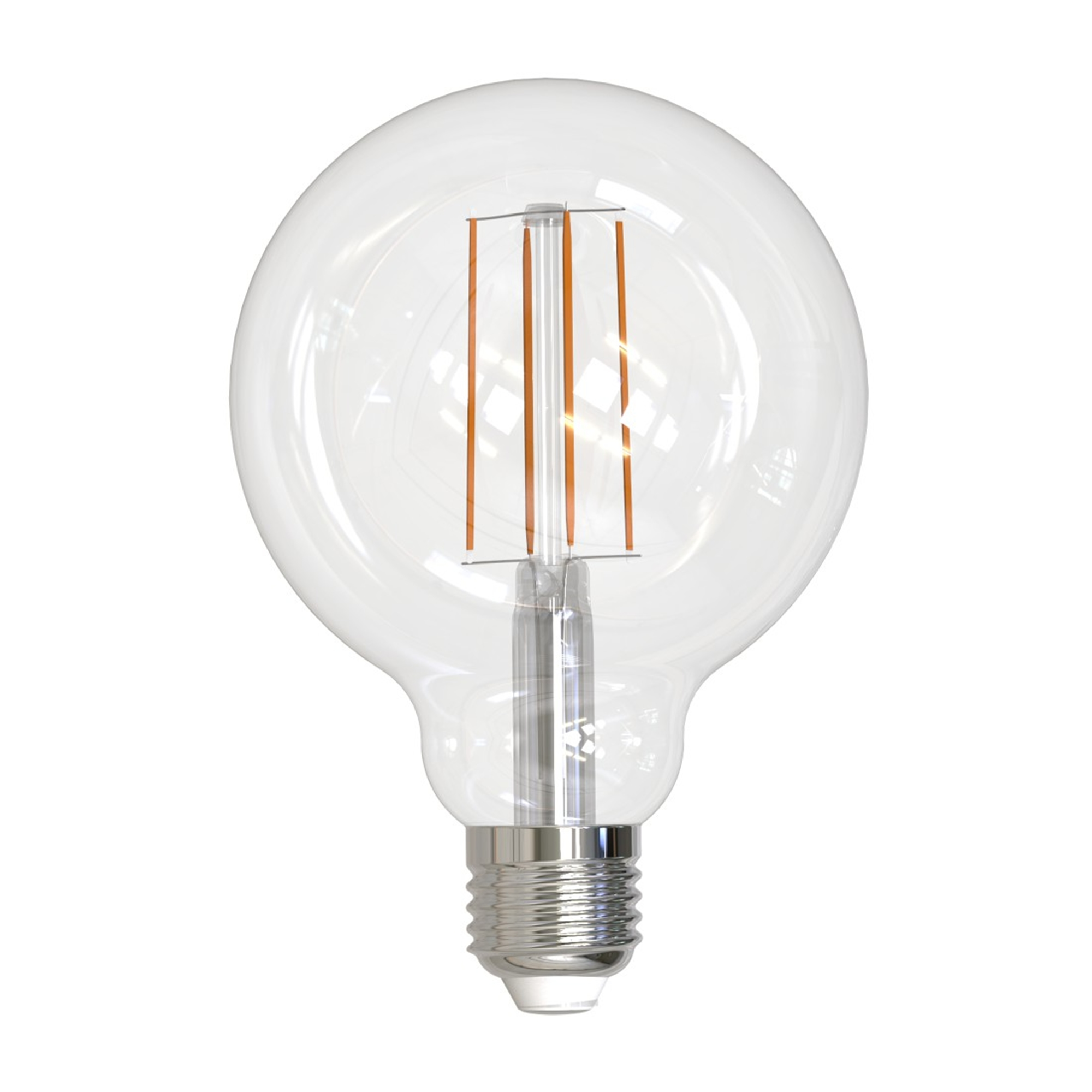 Una lampadina trasparente con base argentata e bobine di filamento visibili.