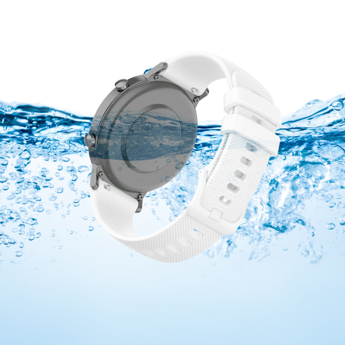 Eine Smartwatch mit weißem Armband unter Wasser mit Blasen.