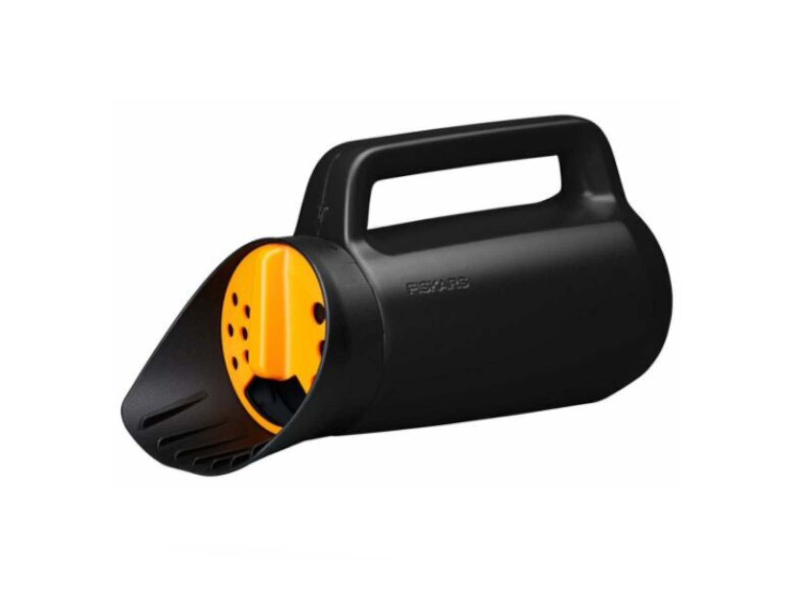 Ein schwarzer Beerenpflücker mit einem orangefarbenen Kern und einem Griff.
