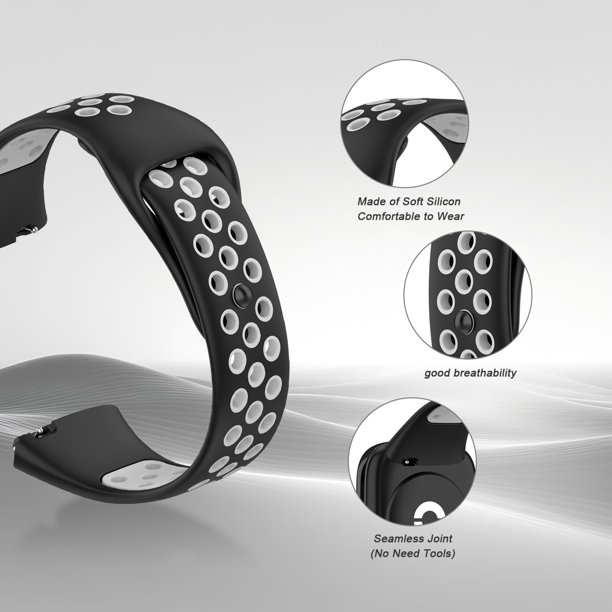 Schwarzes Silikonarmband mit weißen Lochdetails, für Uhren.