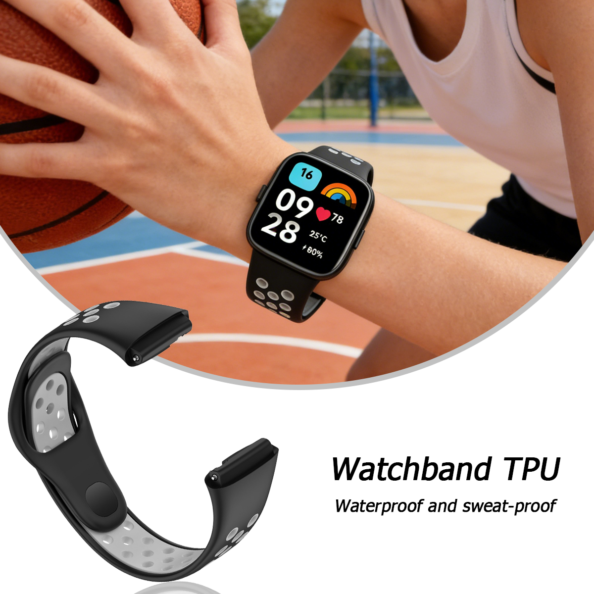 Eine Hand hält einen Basketball. Am Handgelenk eine Smartwatch mit schwarzem Band.