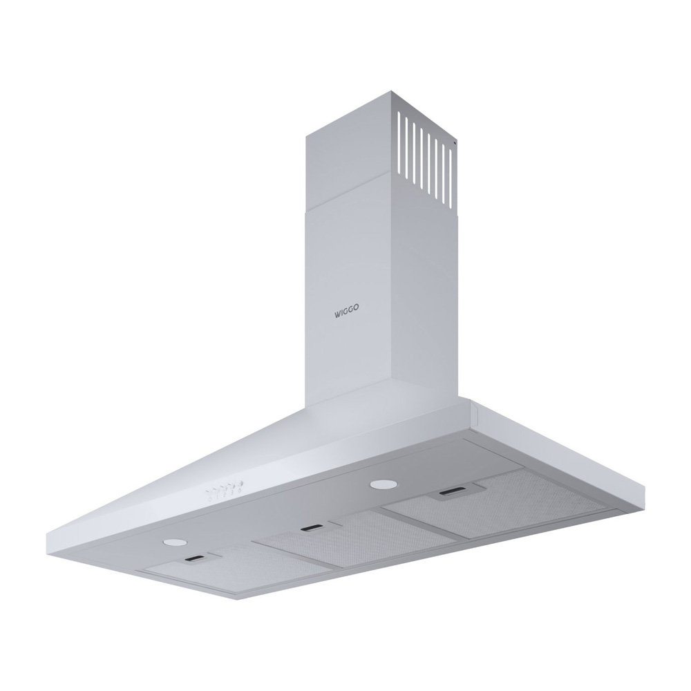 Une hotte aspirante blanche avec logo argenté et fentes de ventilation.