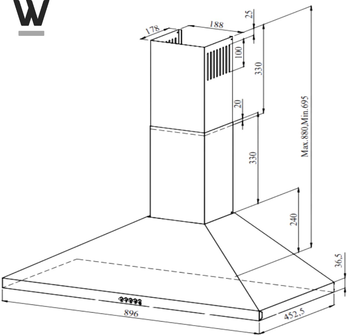 Dessin technique d'une hotte de cuisine avec dimensions.