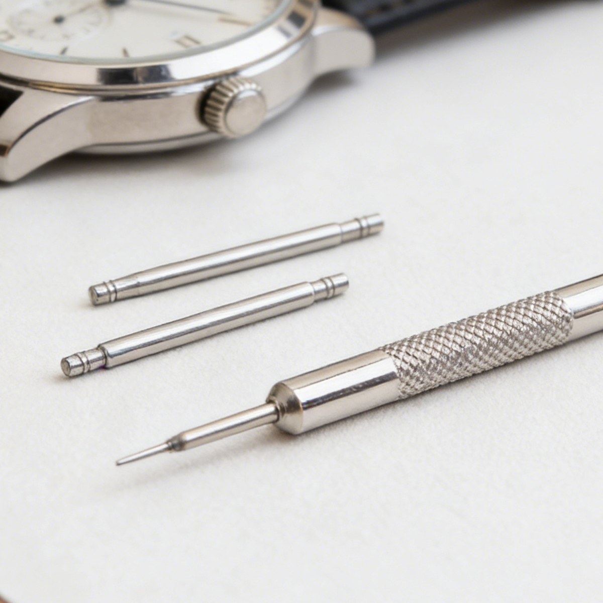 Narzędzie zegarmistrzowskie z cienką końcówką leży obok dwóch metalowych trzpieni i zegarka.