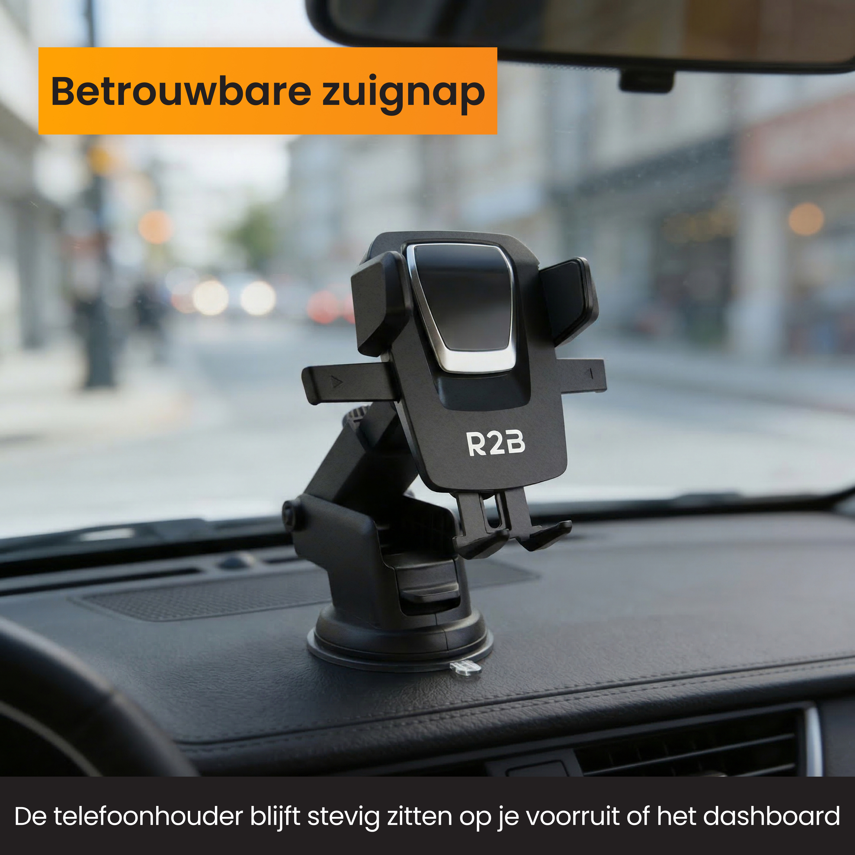 Schwarzer Handyhalter mit Saugnapf auf dem Armaturenbrett eines Autos.
