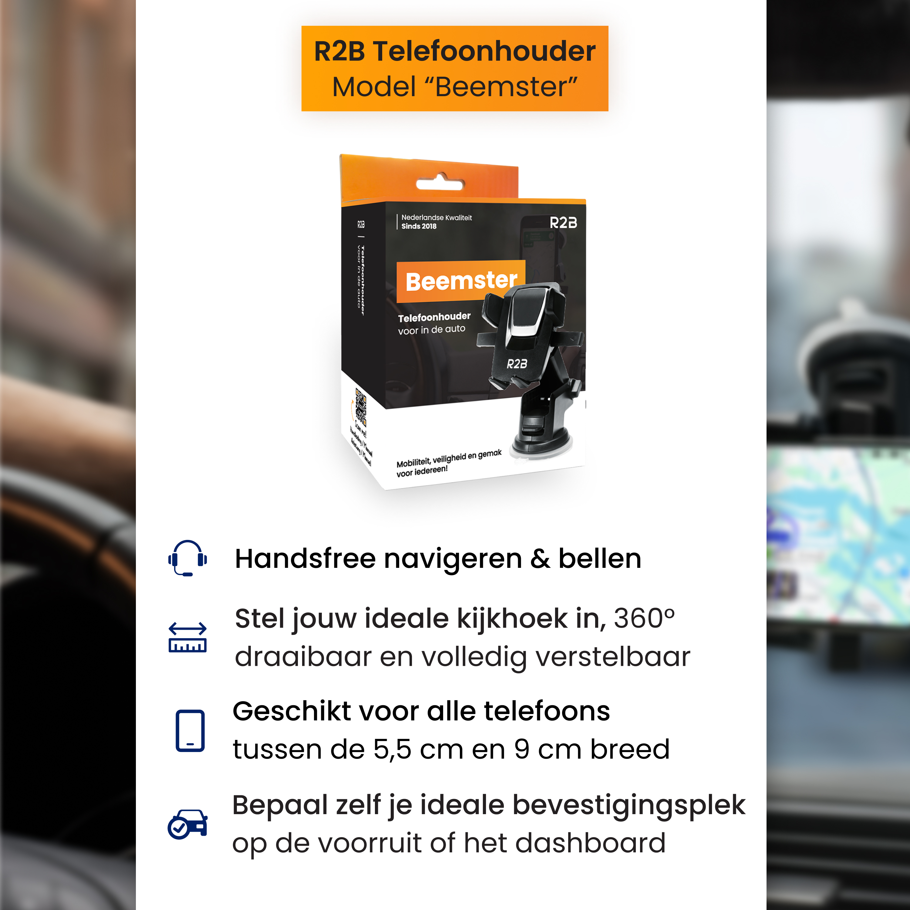 R2B Beemster Handyhalterung für Autos, 360° drehbar, für alle Telefone.
