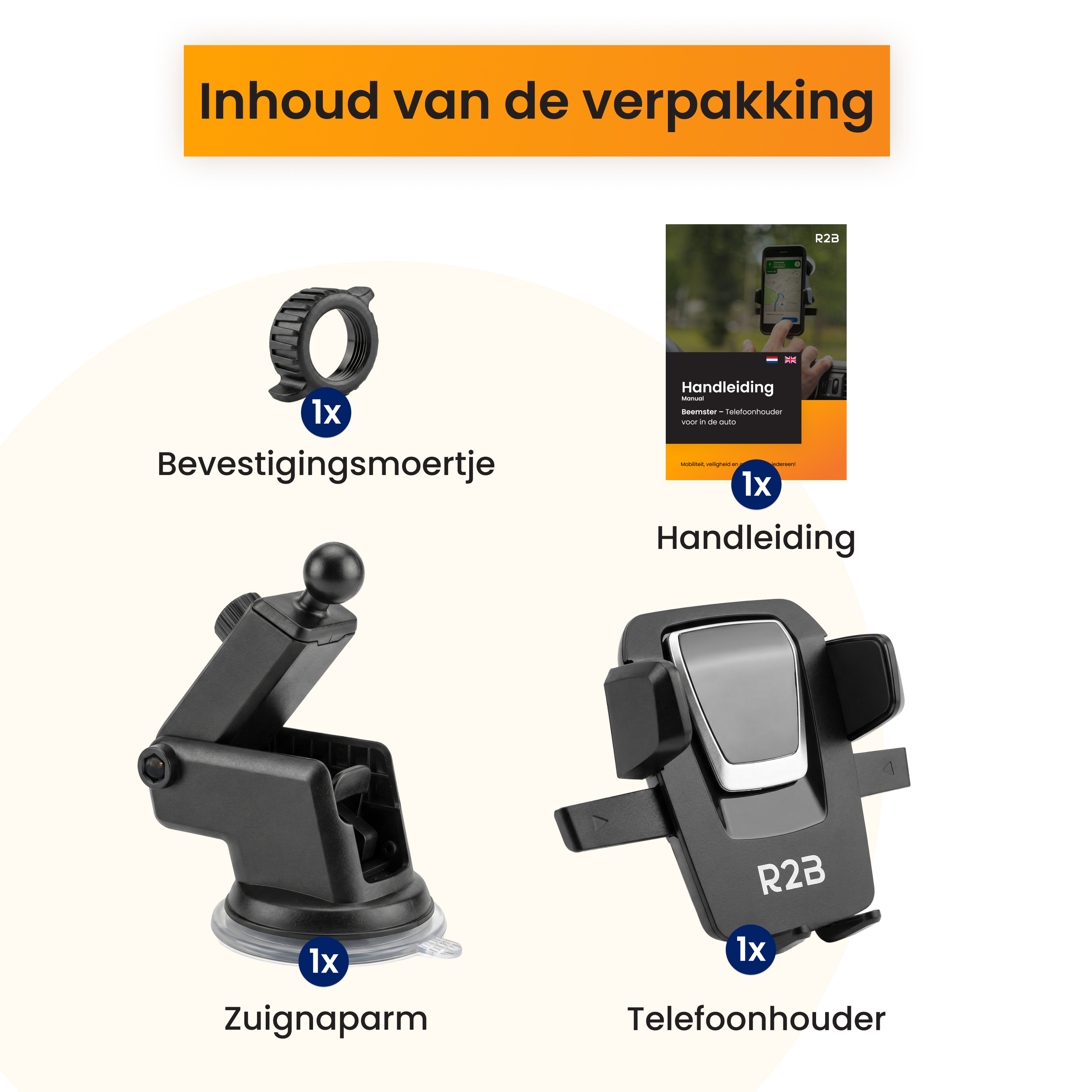 Verpackungsinhalt: 1x Befestigungsmutter, 1x Anleitung, 1x Saugnapfarm, 1x Handyhalterung.