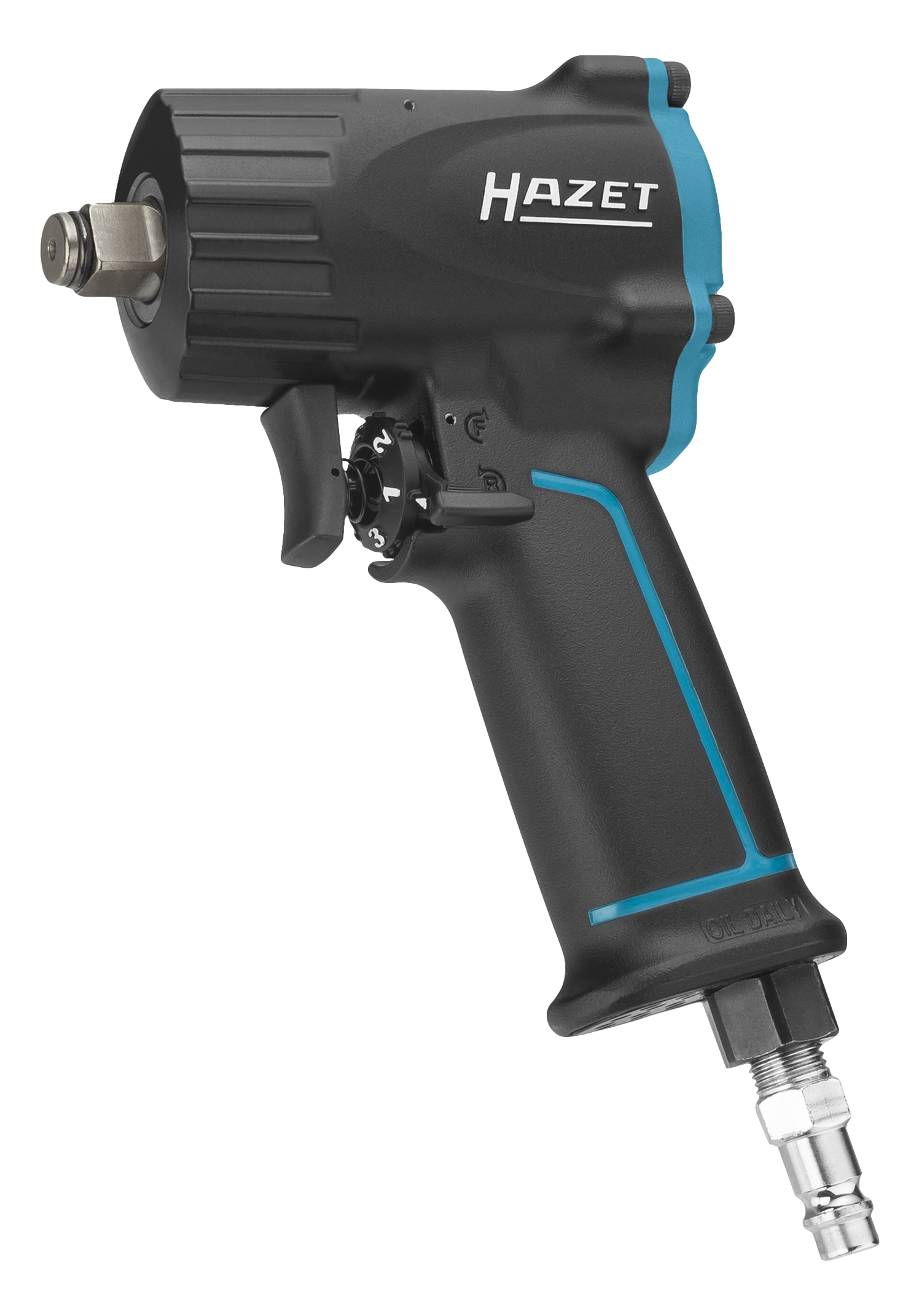 Avvitatore a impulsi nero con accenti blu, logo Hazet e attacco aria.