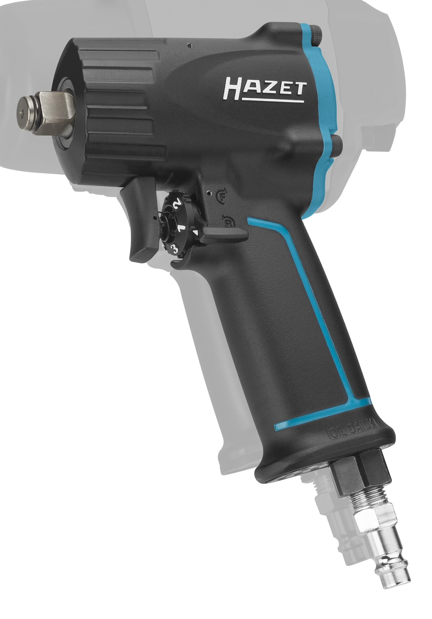 Avvitatore a percussione nero con accenti blu e logo HAZET su sfondo bianco.