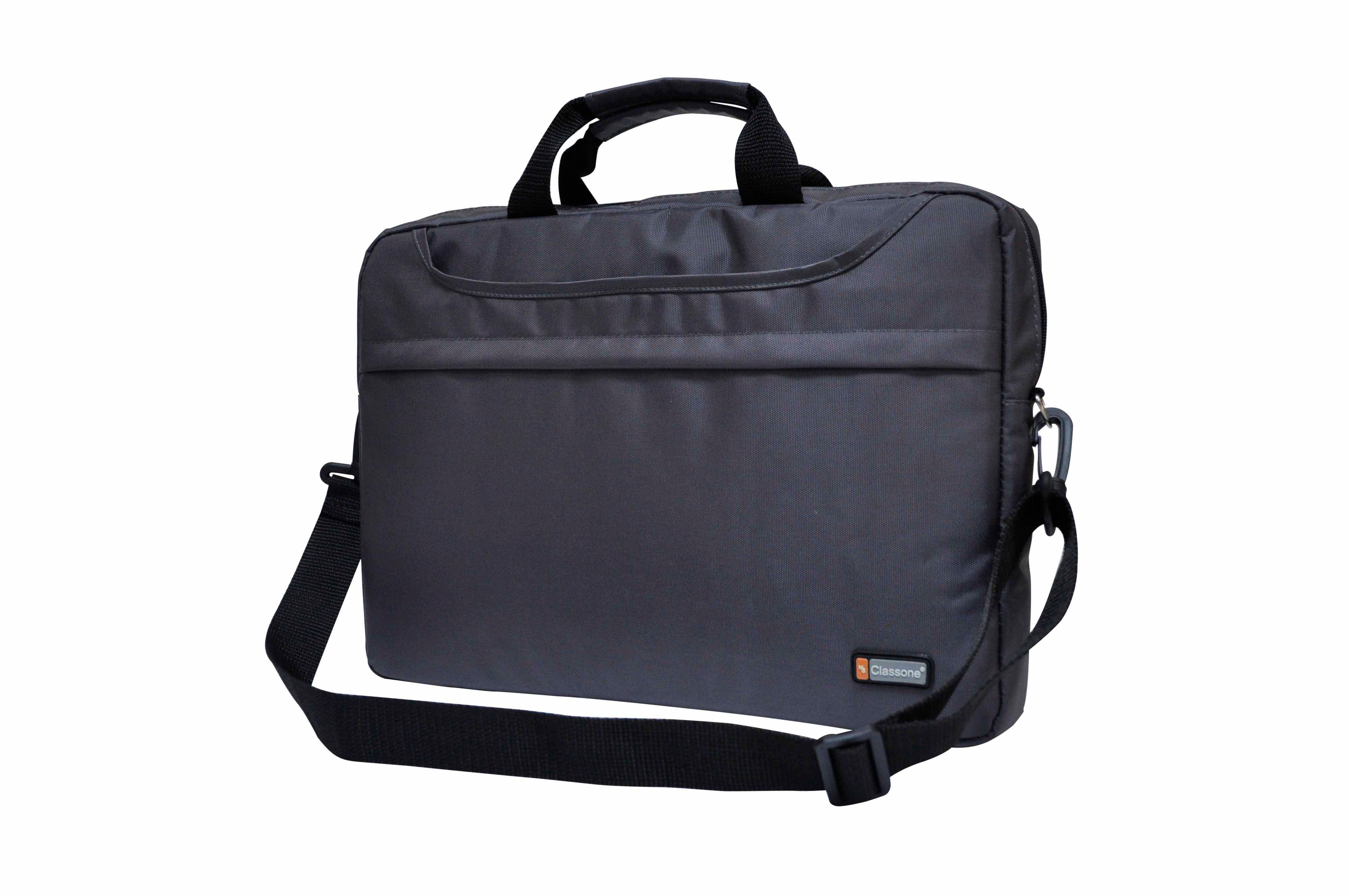 Koyu gri laptop çantası, saplı ve omuz askılı.