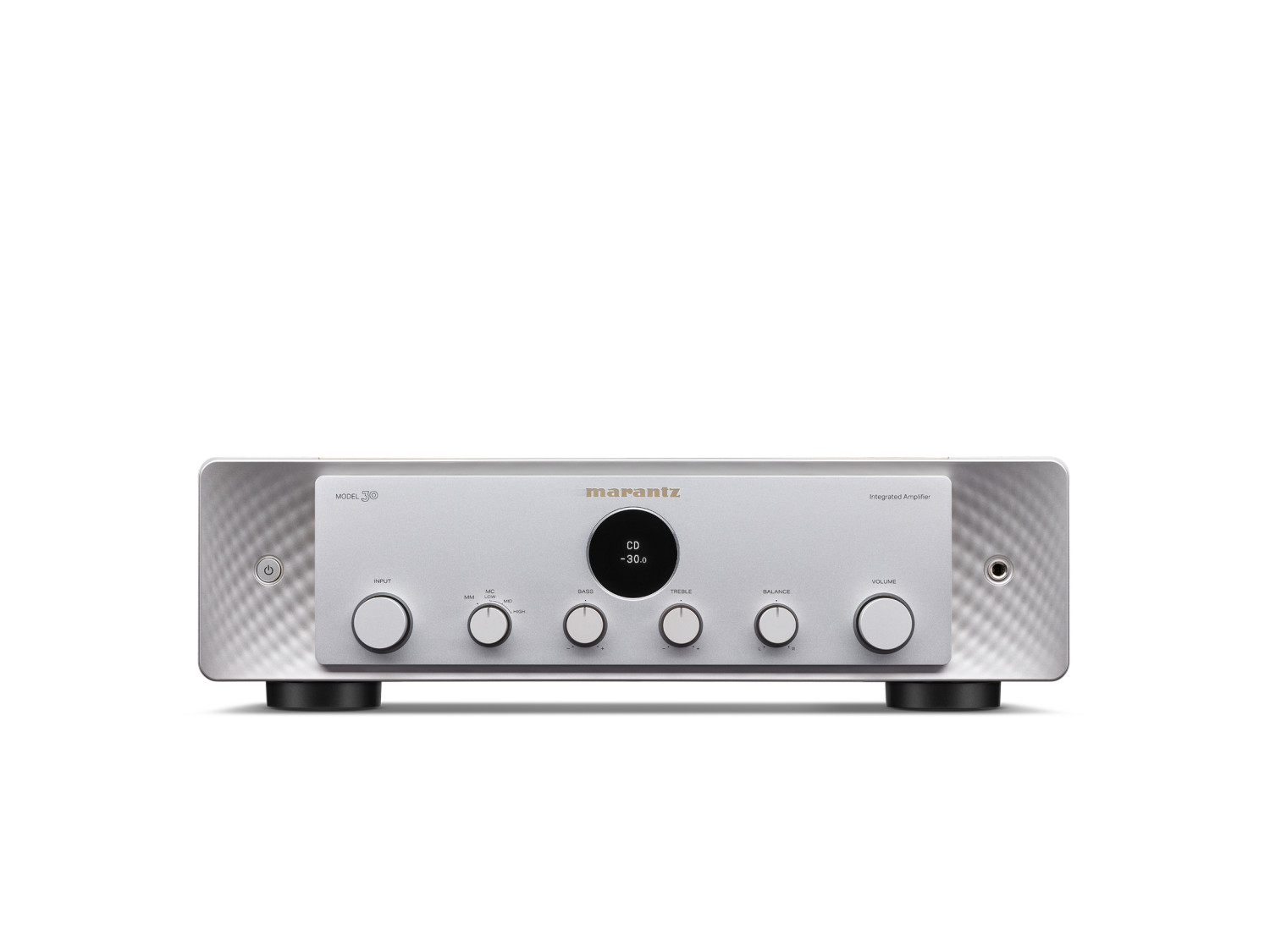 Düğmeli ve ekranlı gümüş Marantz Model 30 entegre amplifikatör.