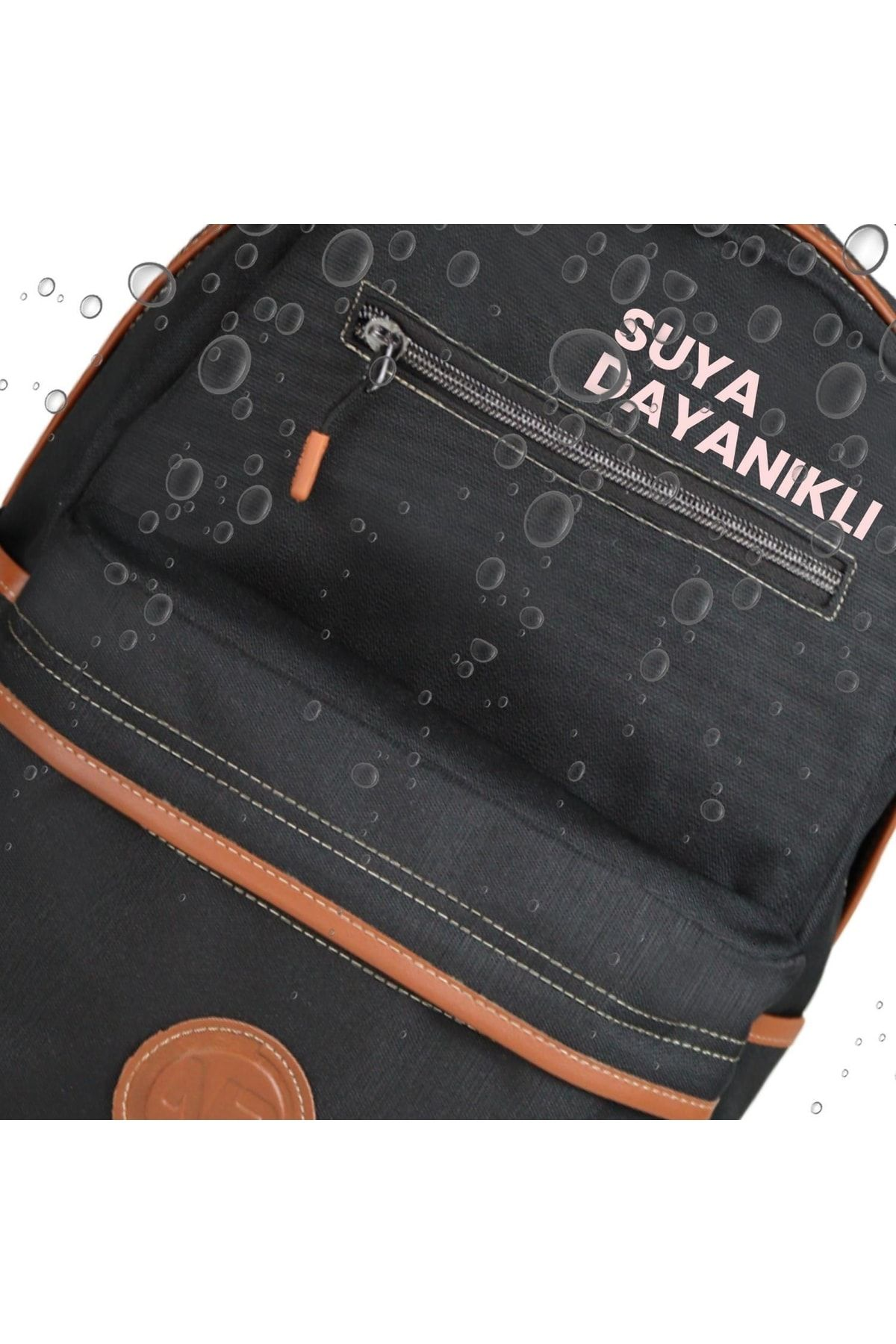 Kahverengi deri vurgulu, su damlalı siyah sırt çantası.