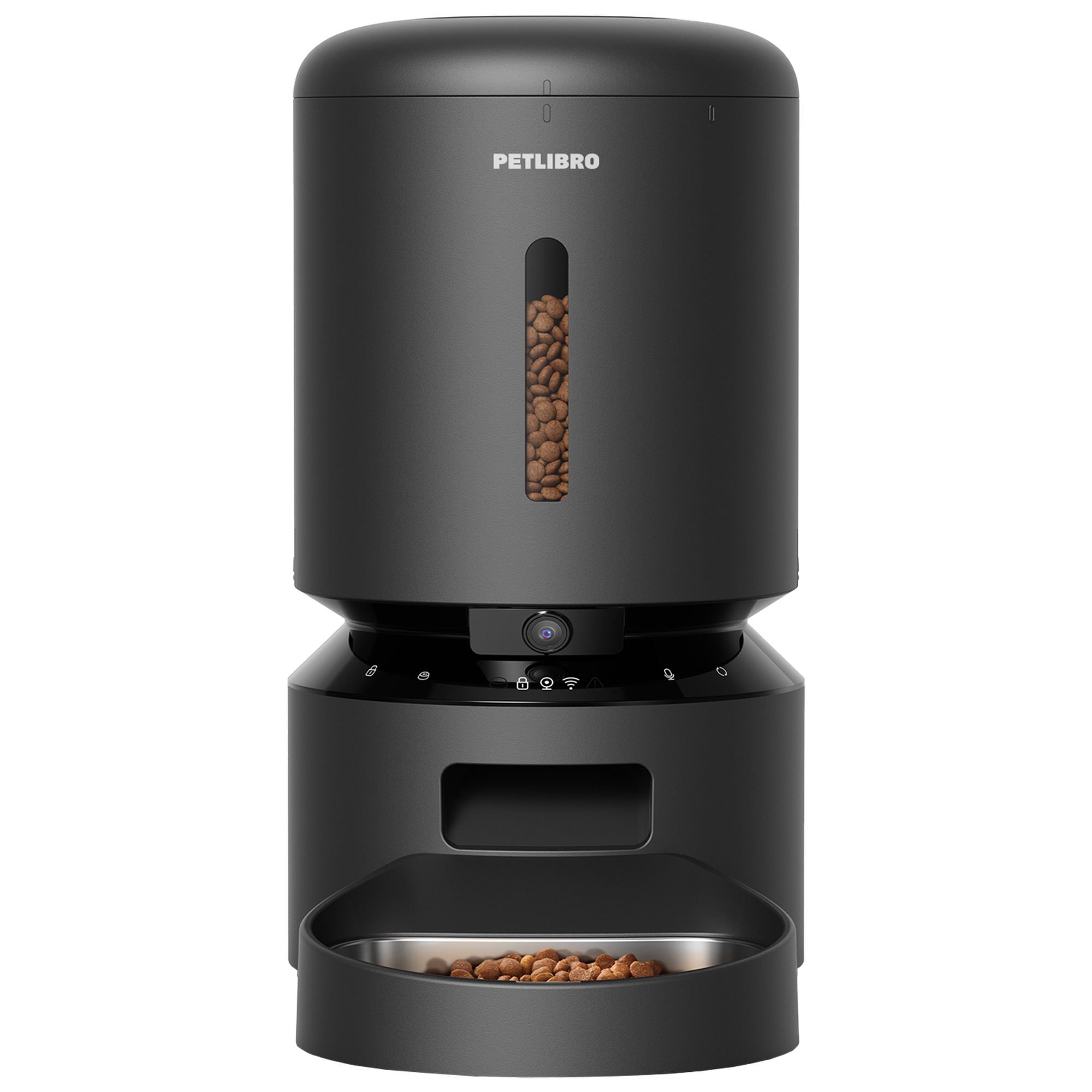 Czarny automatyczny karmnik dla zwierząt z karmą w misce i komorze.