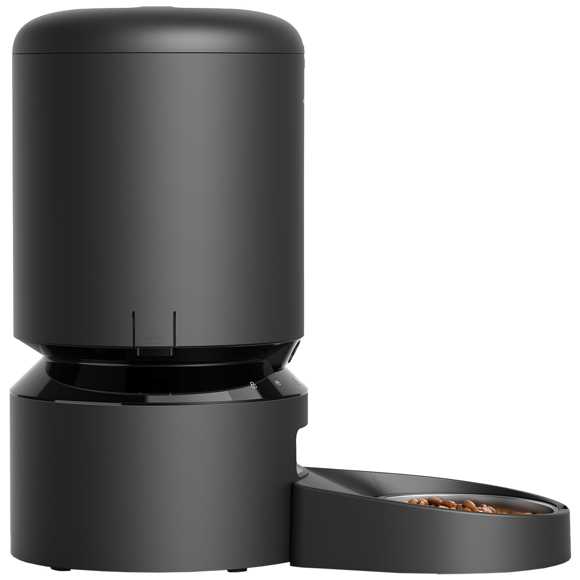 Czarny automatyczny karmnik dla zwierząt z jedzeniem w misce.