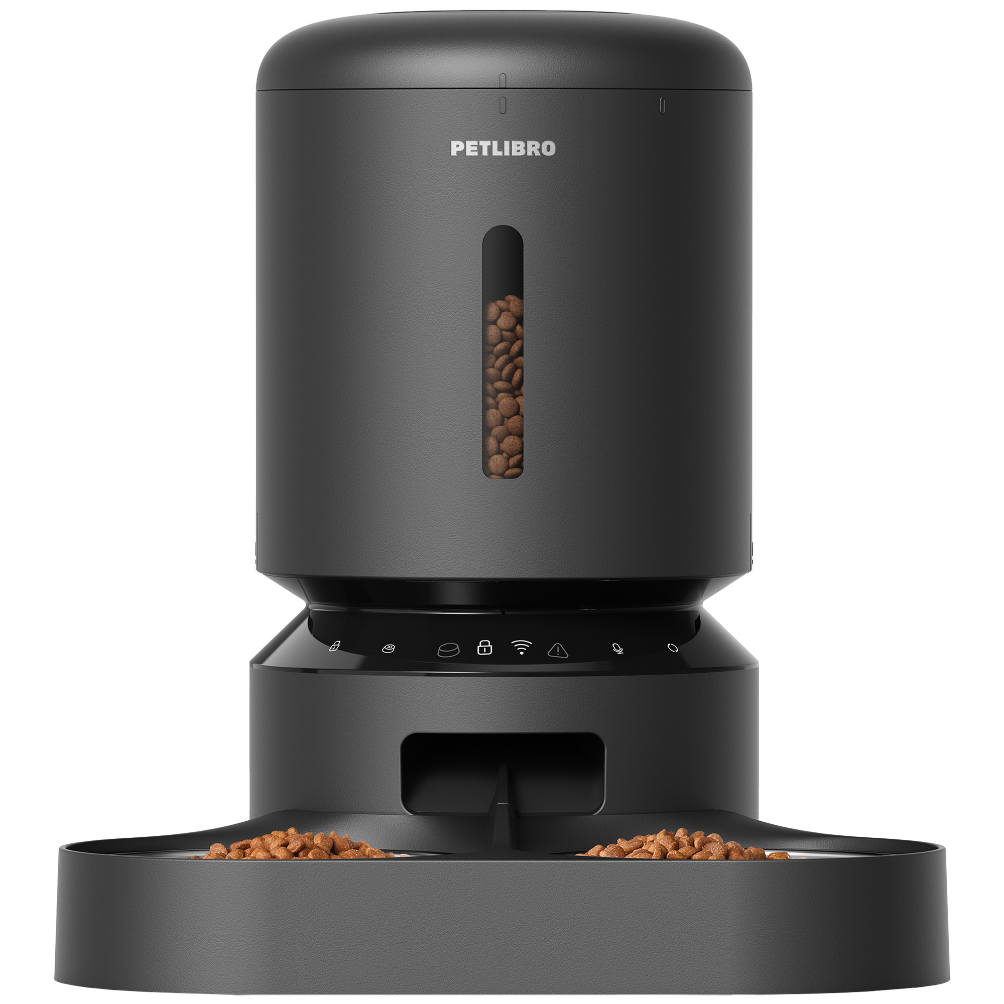 Czarny automatyczny karmnik dla zwierząt z karmą w dozowniku i misce.