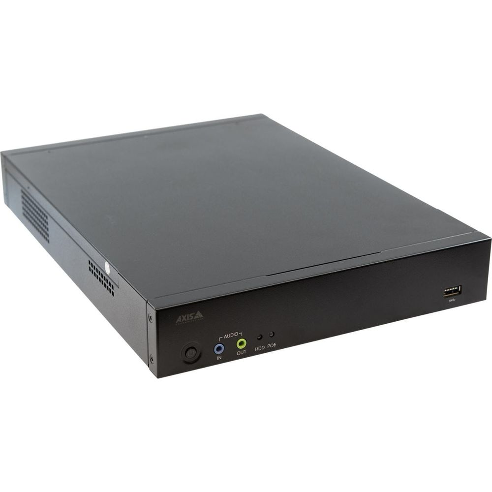 Schwarzes Axis-Gerät mit Anschlüssen und USB-Port auf der Vorderseite.