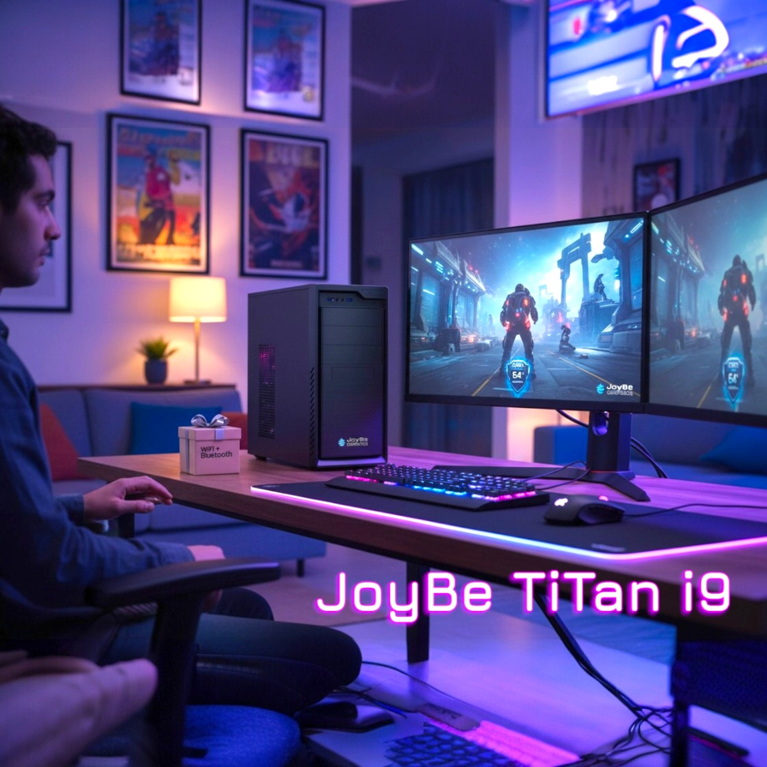 Hombre jugando videojuego en dos monitores con iluminación púrpura.