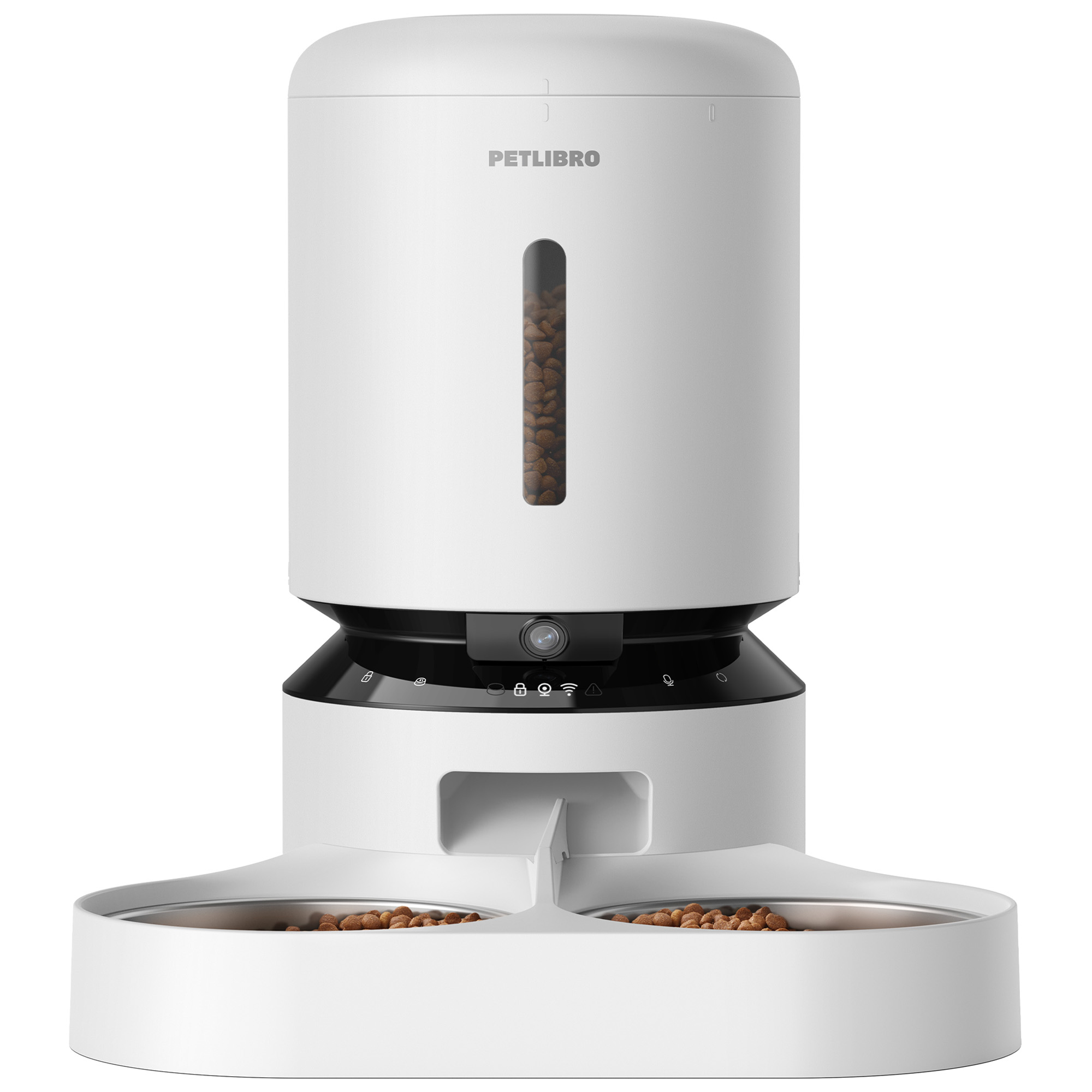 Biały automatyczny dozownik karmy dla zwierząt z dwiema miskami, wypełniony karmą.