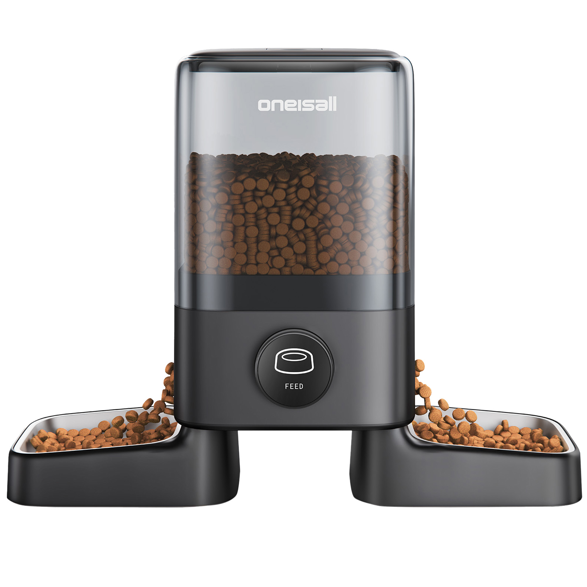 Automatyczny dozownik karmy dla zwierząt z przezroczystym pojemnikiem wypełnionym karmą.