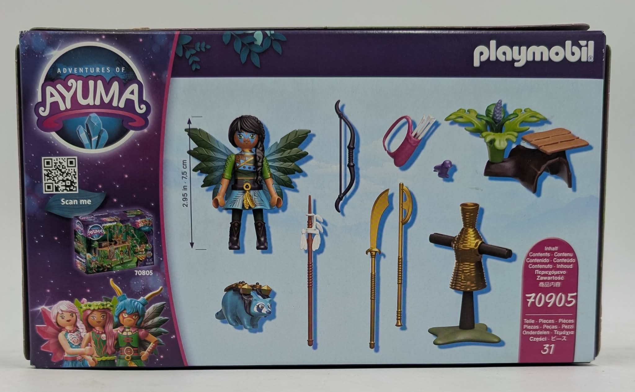 Playmobil Ayuma Spielzeugverpackung mit Fee, Tier, Waffen und Zubehör.