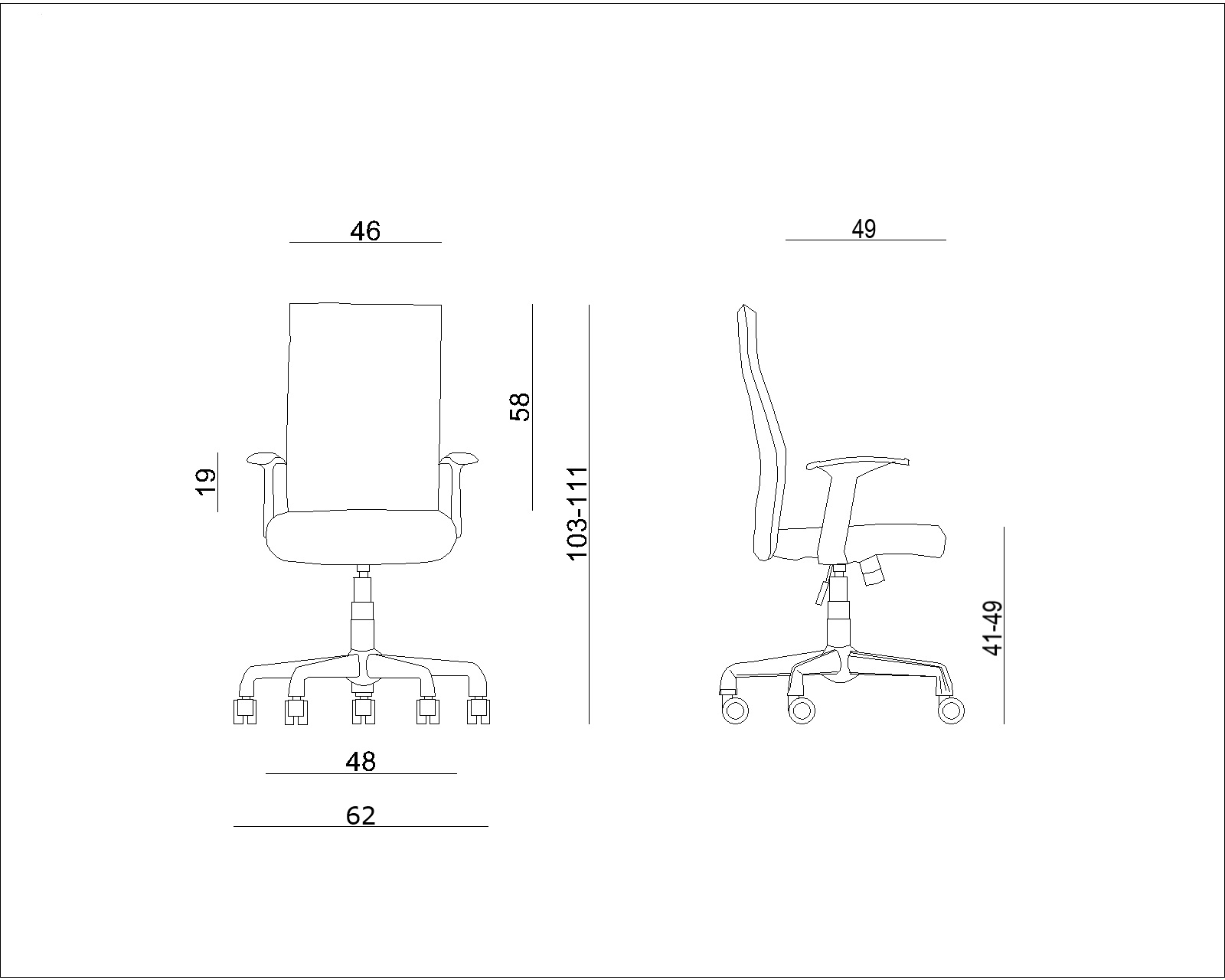 Rysunek techniczny krzesła biurowego z wymiarami.