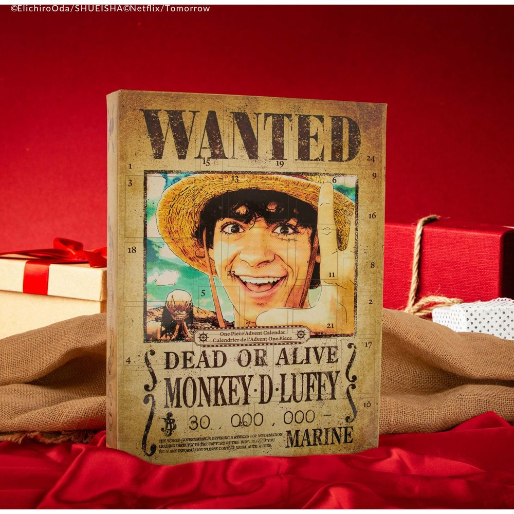 Un calendario in stile Wanted con Monkey D. Luffy e numeri.