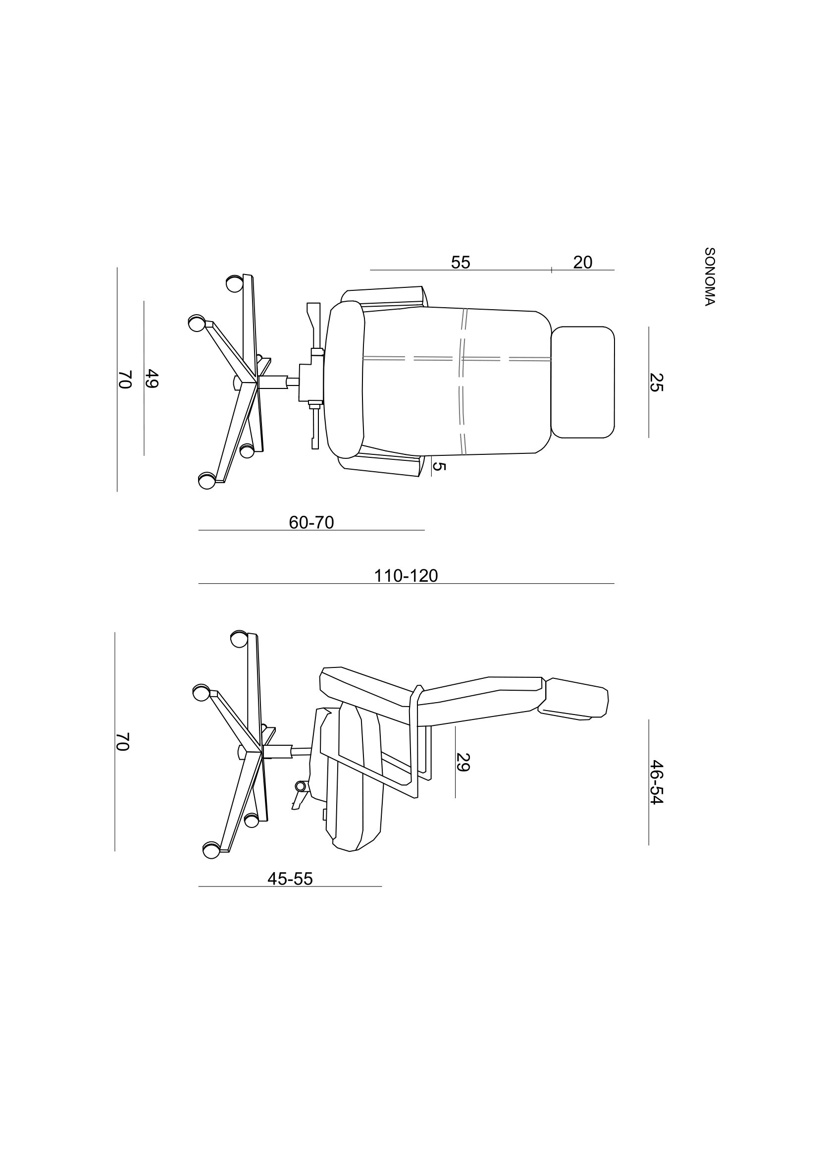 Rysunek techniczny krzesła biurowego z wymiarami w widoku z góry i z boku.