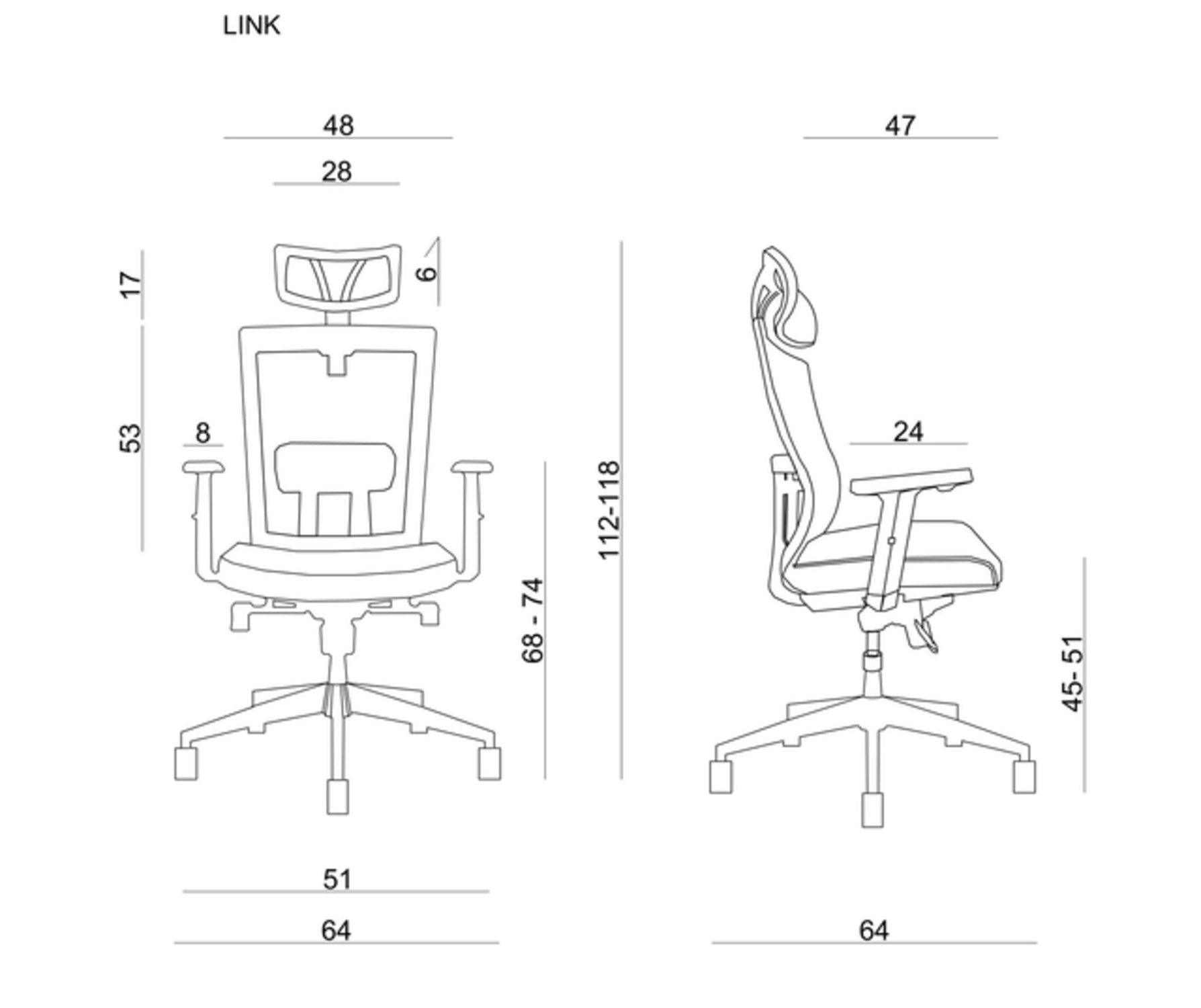 Rysunek techniczny krzesła biurowego z wymiarami w kolorze czarnym.